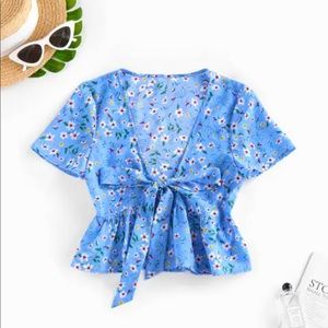 Flower Print Tie Front Peplum Blouse
